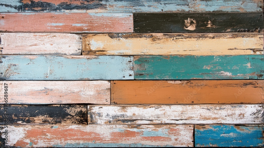 Poster weathered wooden wall backdrop with rustic multicolored planks for vintage aesthetic and design proj