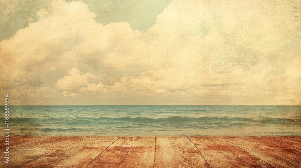 Poster vintage style coastal scene with empty wood deck and serene ocean backdrop for text or design overla