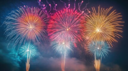 Vibrant fireworks display illuminating the night sky with a spectacular array of colors and shapes creating a festive atmosphere.