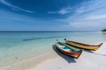 Fototapeta premium Tropical Paradise: Two colorful wooden boats rest on a pristine white sandy beach, their vibrant hues contrasting against the azure waters of the turquoise sea.