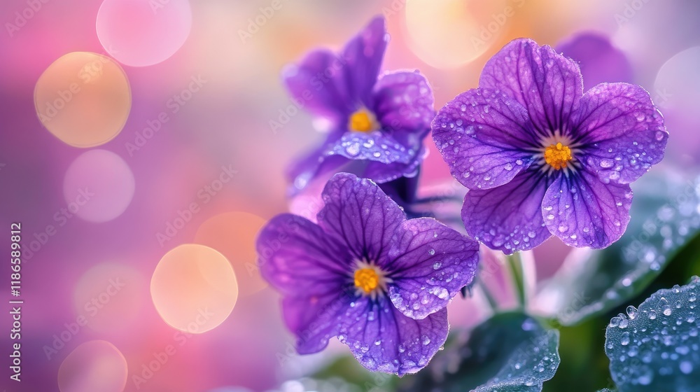 Aufkleber Violet Saintpaulia flowers with dew droplets on a colorful bokeh background creating a soft and dreamy floral ambiance
