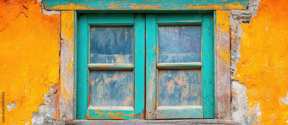 Poster Colorful wooden window frame enhancing rustic architecture with vibrant hues and unique character in a charming setting.