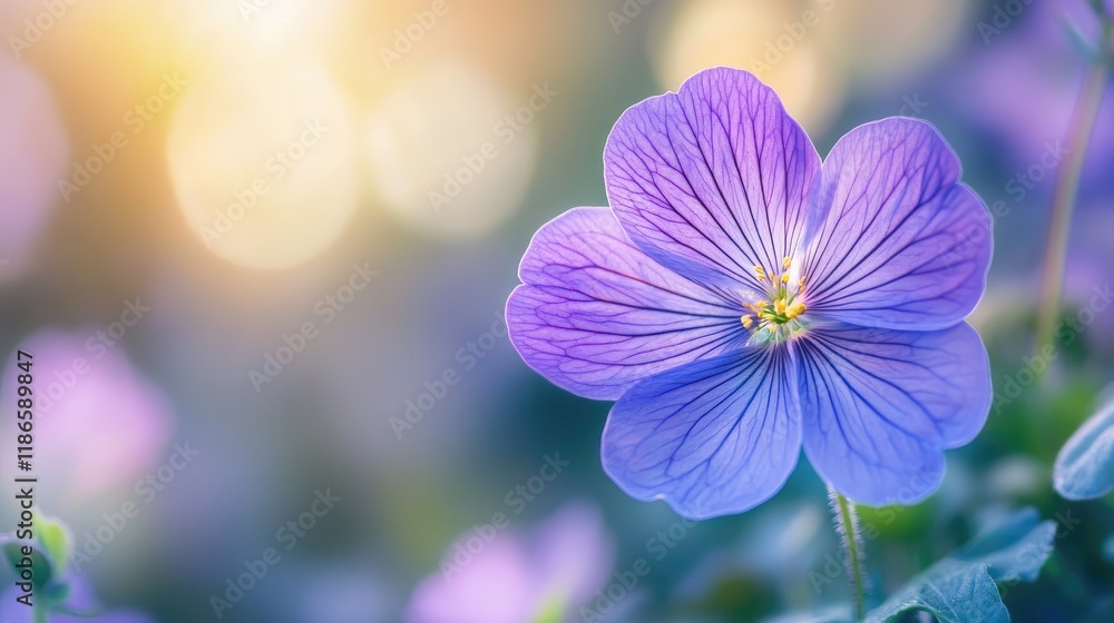 Poster vibrant violet flower illuminated by soft sunlight in a dreamy bokeh background showcasing nature's 