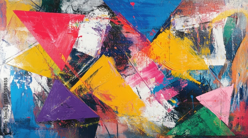 Poster vibrant abstract artwork showcasing colorful overlapping triangles and dynamic brush strokes in a co