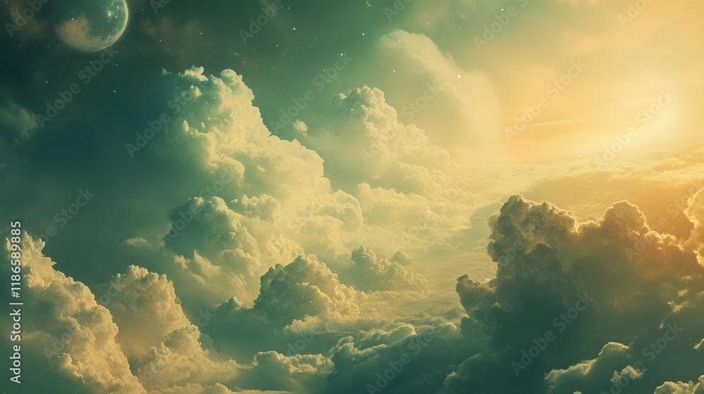 Poster serene vintage cloudscape with ethereal lighting and celestial elements in a dreamy sky setting