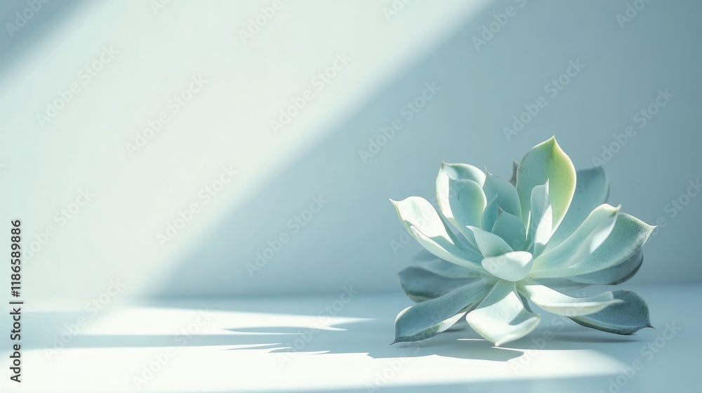 Poster Succulent plant on a minimalist table with soft shadows creating a calming and elegant atmosphere in natural light