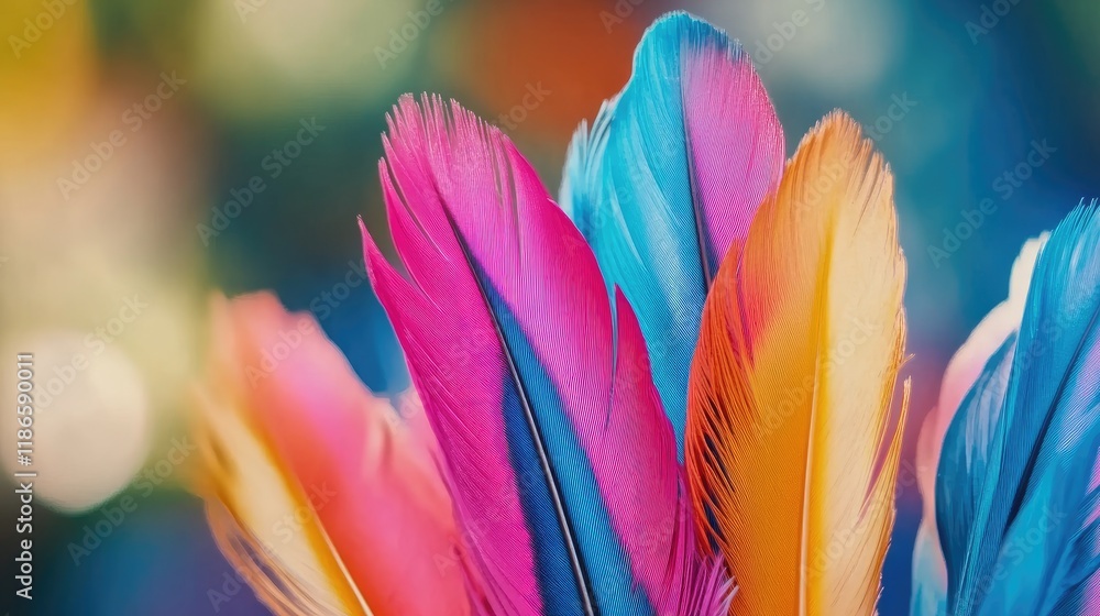 Poster vibrant collection of colorful feathers with artistic bokeh background in soft focus