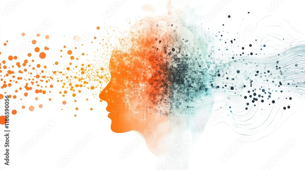 Aufkleber Abstract illustration depicting the intersection of different stimuli with a silhouette of a human head amidst colorful splashes and patterns.