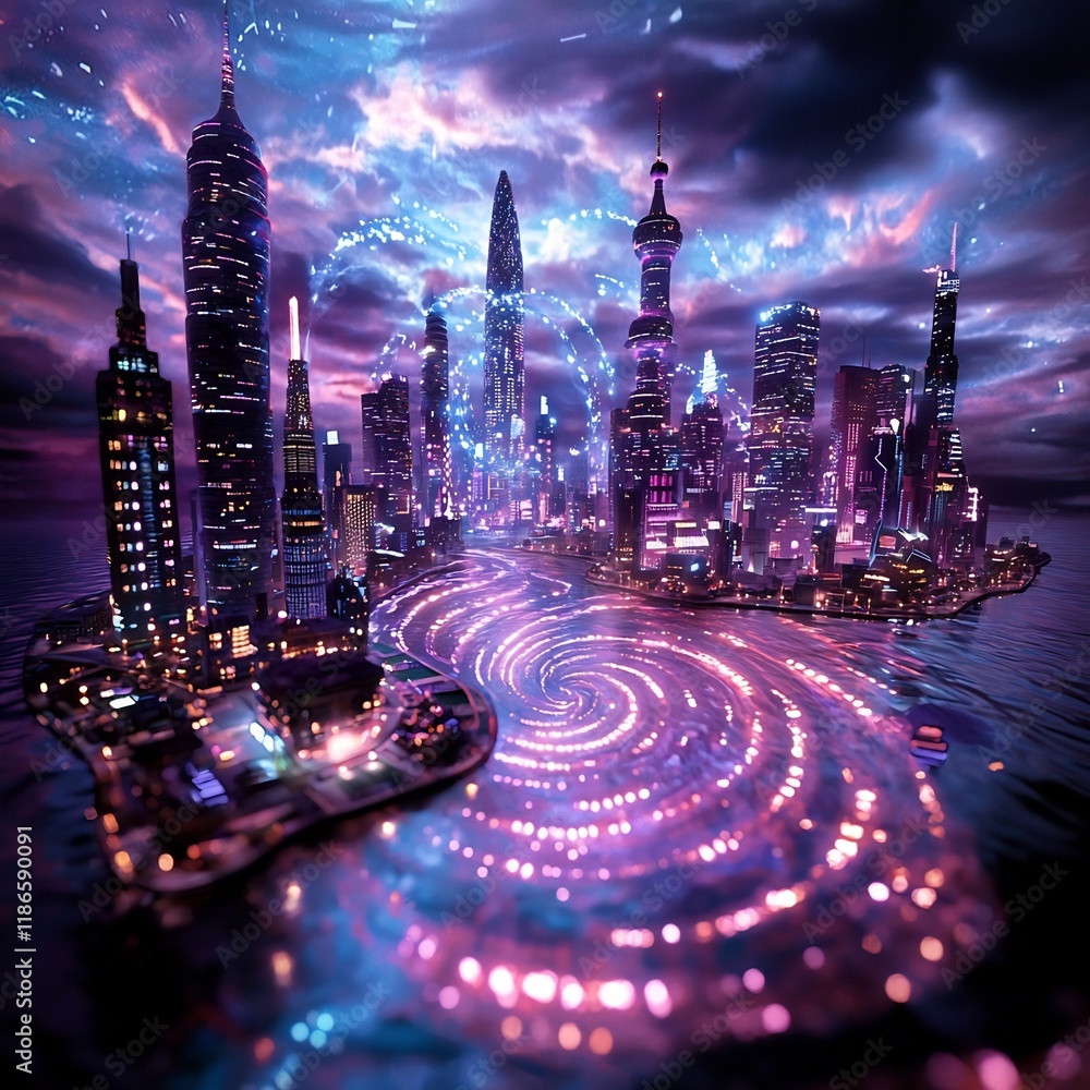 Aufkleber luminous digital metropolis pulsing waves of futuristic energy flow through a kaleidoscopic cityscap
