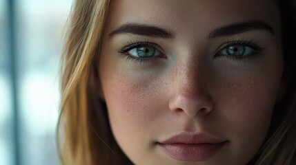 Fototapeta premium A close-up shot of a woman's face with striking green eyes
