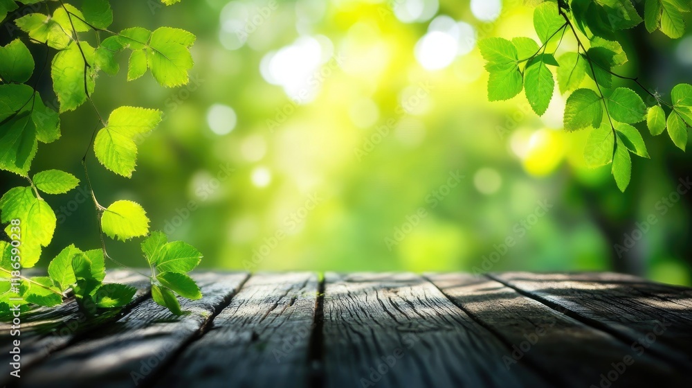 Poster wooden table with blurred green garden bokeh background ideal for product display and mockup showcas