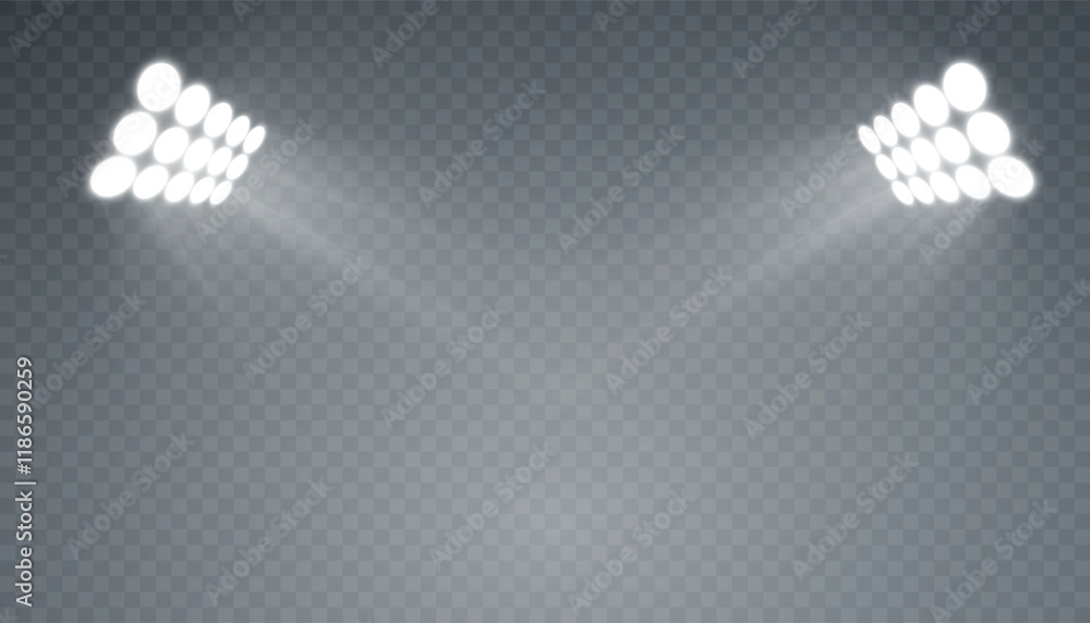 Poster illustration of bright spotlight sources with reflection on the floor. spotlight for web design and 