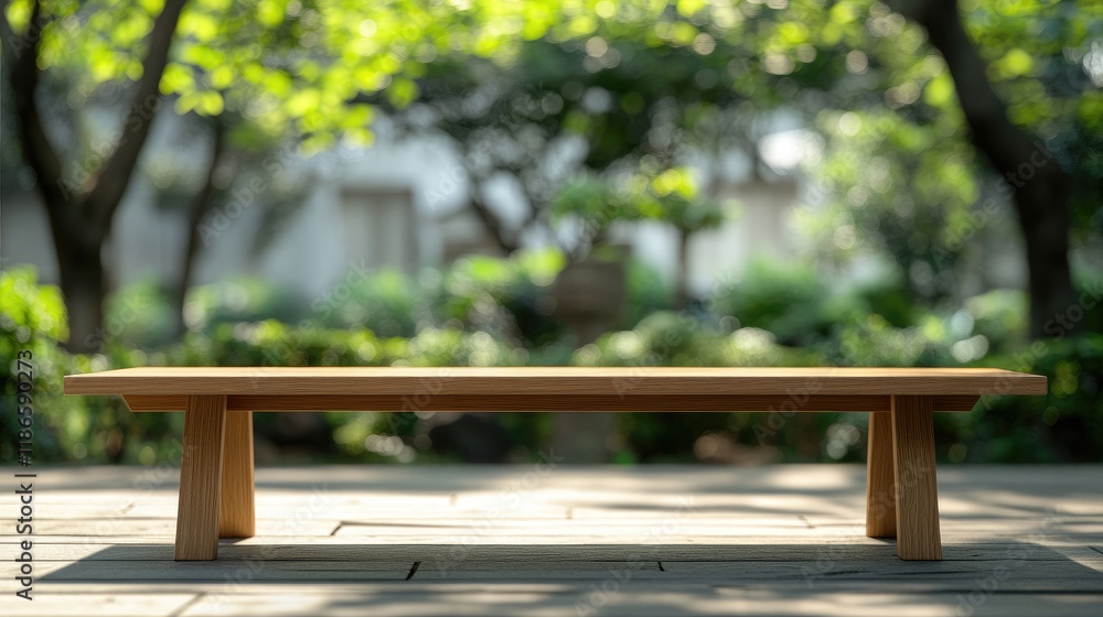 Poster wooden table in a serene garden setting with green bokeh background ideal for product display and mo