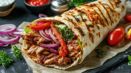 Delicious Turkish doner kebab wrapped in flatbread with fresh vegetables and herbs on a rustic wooden table