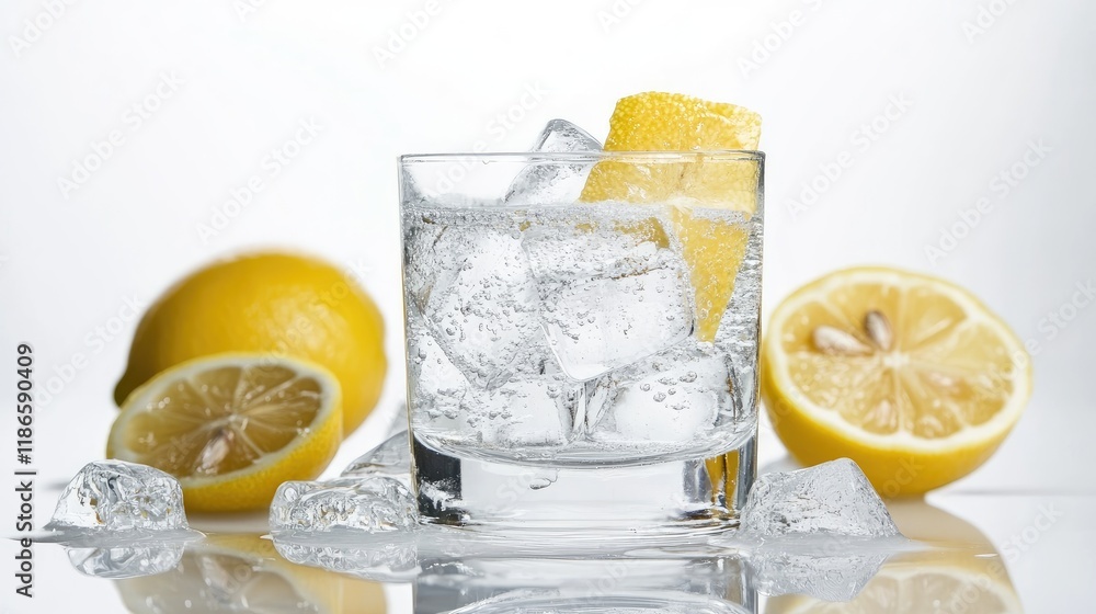 Poster Refreshing vodka on the rocks served with ice and lemon slices against a clean white background for a vibrant beverage presentation.