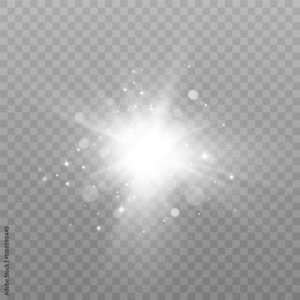 Poster bright flash of light effect with sparkles and glare bokeh. light on transparent background. vector
