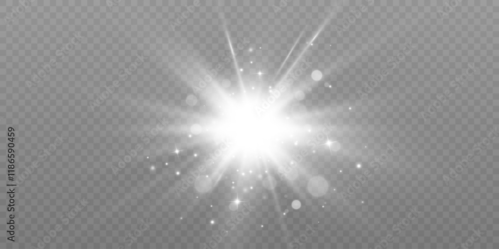 Poster bright flash of light effect with sparkles and glare bokeh. light on transparent background. vector