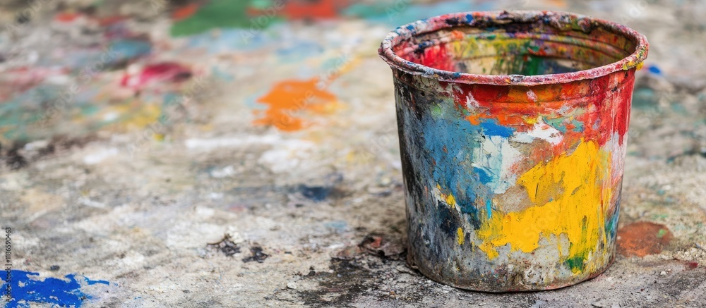 Poster aged acrylic paint bucket on textured surface highlighting vibrant color remnants and artistic patte