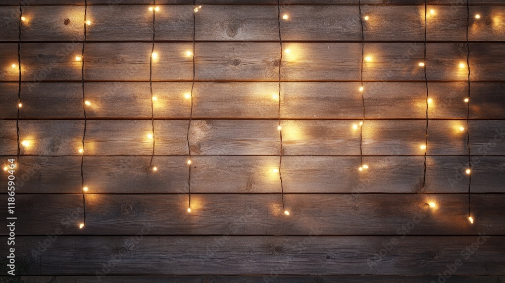 Poster Warm vintage wooden background illuminated by soft fairy lights creating a cozy and inviting atmosphere for various design applications.