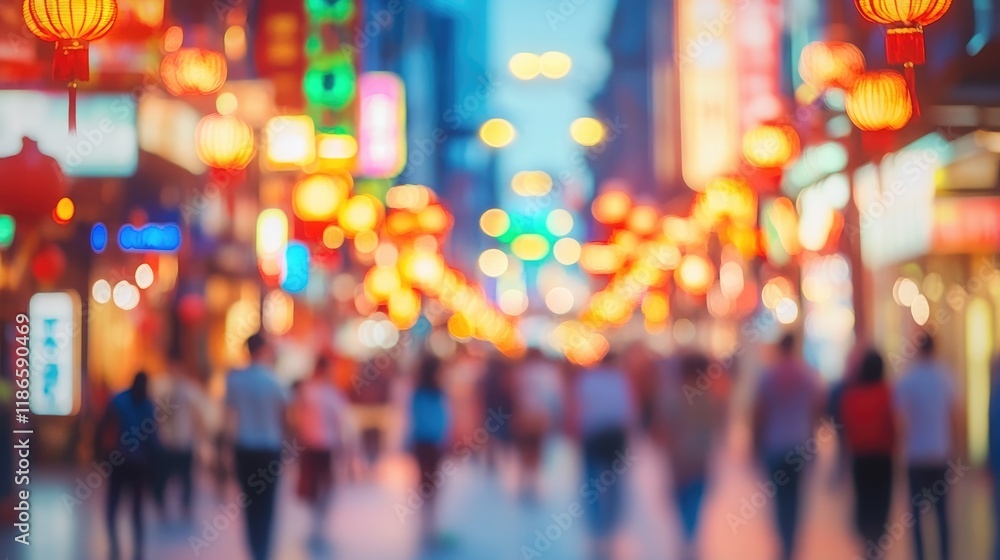 Poster Vintage street scene with blurred bokeh lights creating a warm and colorful atmosphere in a busy urban environment