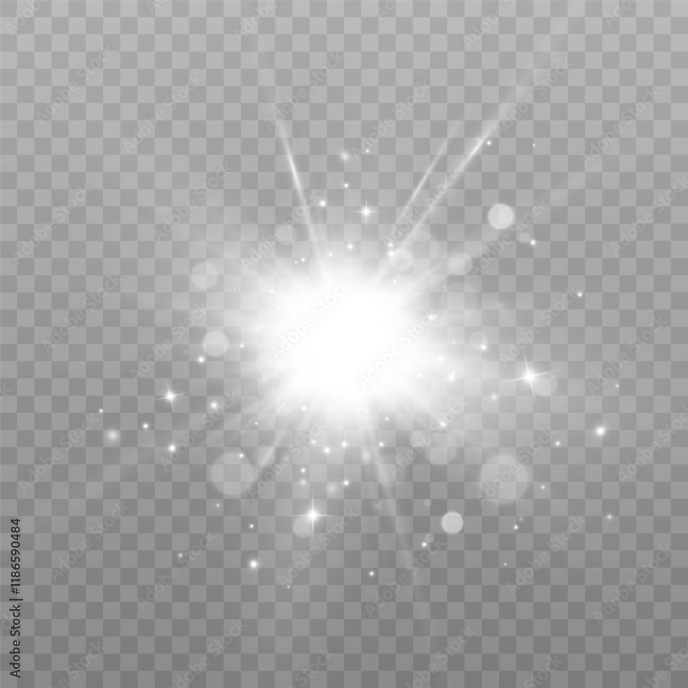 Poster bright flash of light effect with sparkles and glare bokeh. light on transparent background. vector