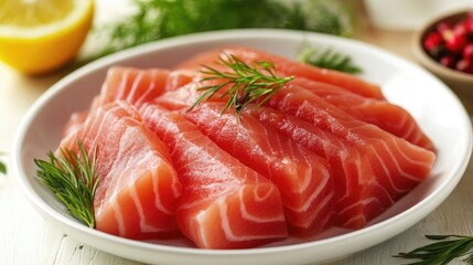 Freshly sliced tuna fillets arranged in a white dish garnished with dill and lemon, highlighting vibrant colors and textures of seafood.