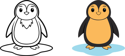 Adorable Penguin Coloring Page Outline and Colored Version