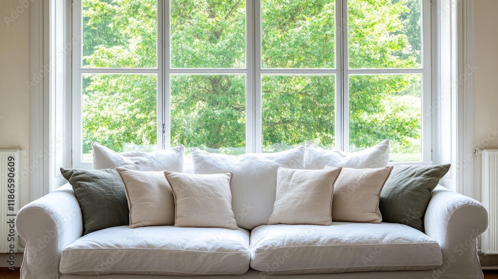 Poster elegant white sofa adorned with pastel cushions in bright room featuring large window with serene tr