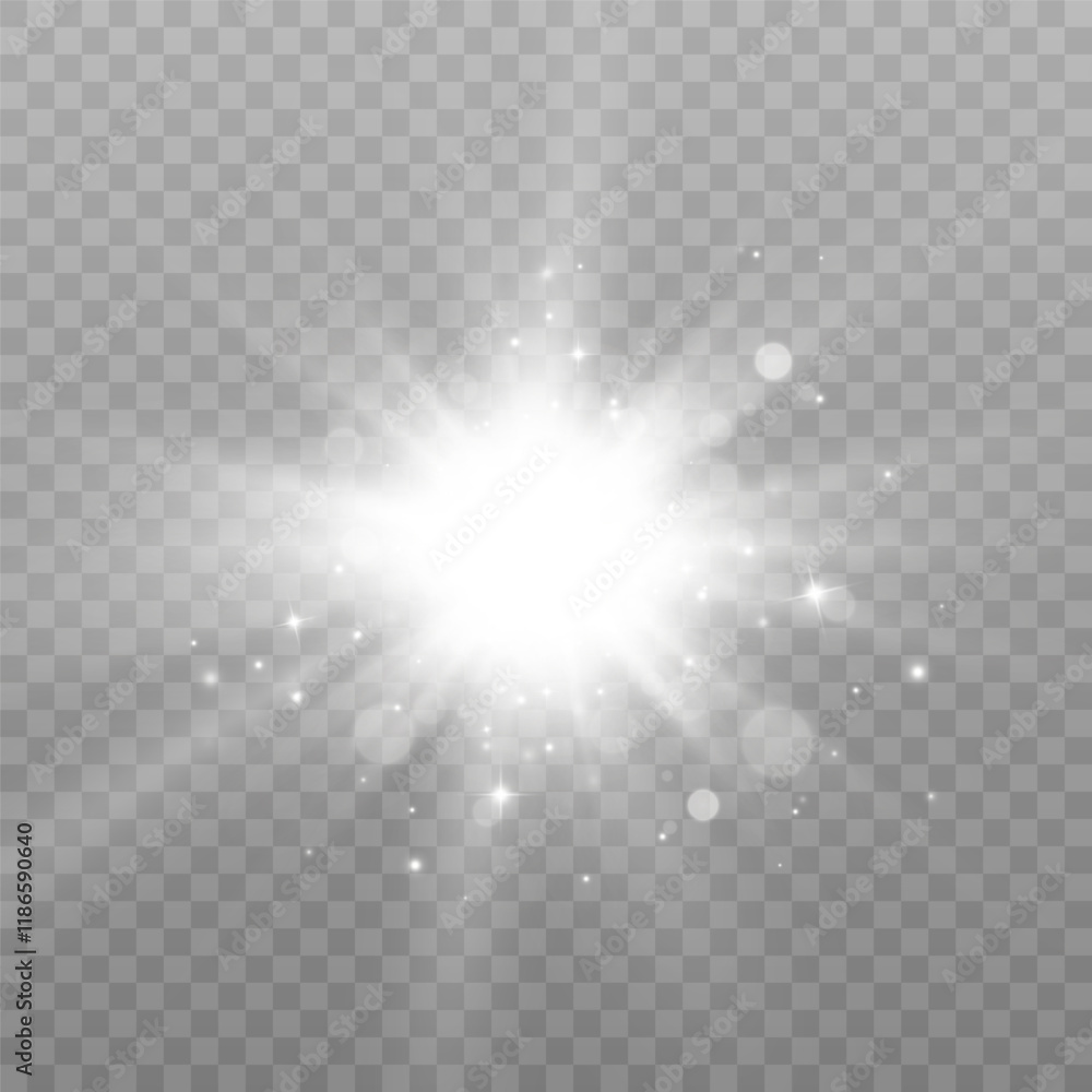 Poster bright flash of light effect with sparkles and glare bokeh. light on transparent background. vector
