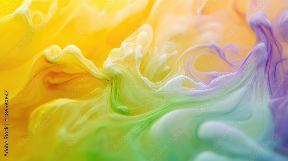 Poster Abstract Colorful Watercolor Ink Background in Soft Focus for Design and Creative Projects with Fluid Smears of Yellow Orange Green Purple
