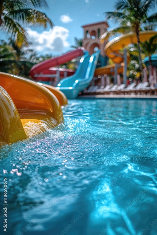 Aufkleber a person slides down a colorful water slide into a pool, surrounded by palm trees