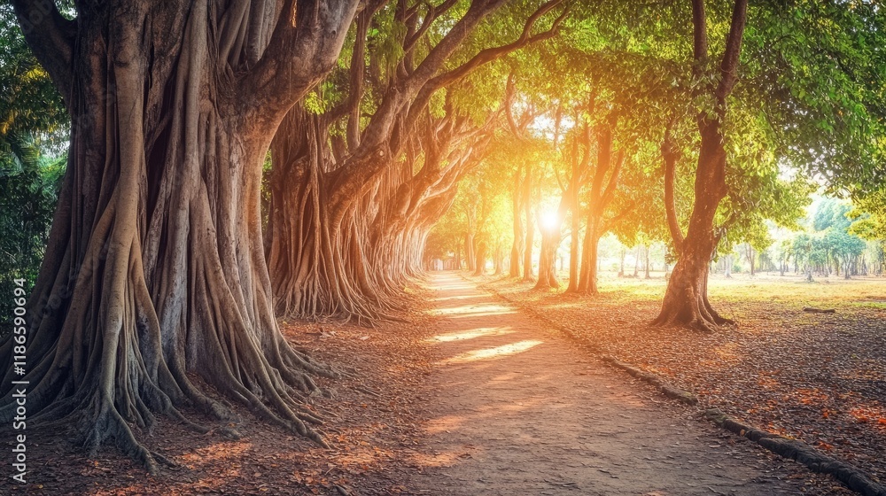 Poster banyan tree pathway with sunlight vintage textured forest background