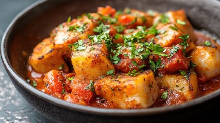 Turkish kebab served in a bowl with rich tomato sauce and fresh herbs for a flavorful and vibrant dish presentation