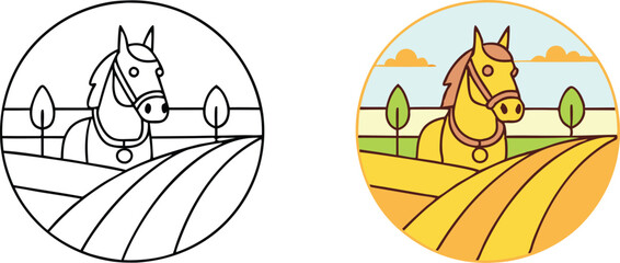 Horse in Rolling Fields Line Art, Farm Animal, Rural Scene