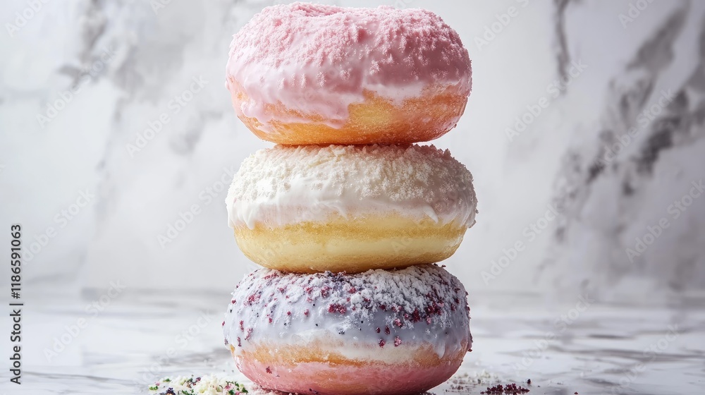 Aufkleber stack of colorful glazed donuts with cream toppings on a marble surface in a vertical arrangement