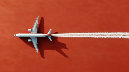 Flying high above the vibrant landscape, an airplane leaves a trail against a stunning red canvas during the golden hour. Generative AI