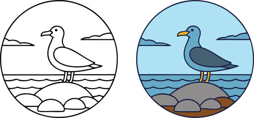 Seagull Coloring Page Ocean Rocks Bird Sky Clouds Seashore