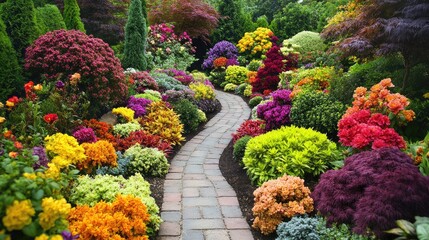 Georgian style garden with vibrant flowering shrubs and a winding stone pathway surrounded by lush greenery and colorful blooms