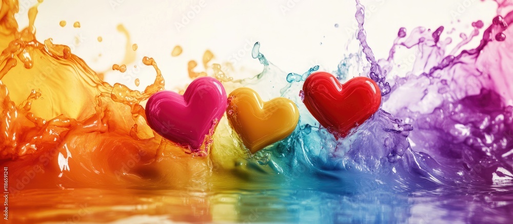 Poster vibrant heart emojis surrounded by colorful liquid splashes with space for custom text and creative 