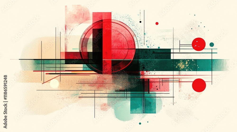 Poster colorful abstract composition with geometric shapes and dynamic lines in red and teal tones on a tex