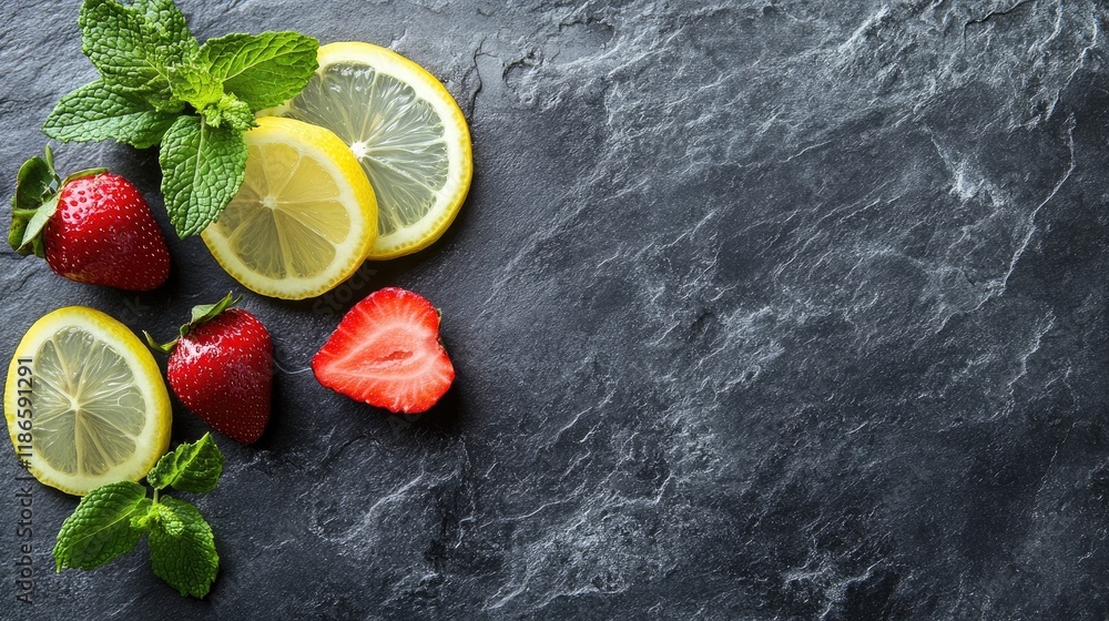 Poster strawberry raspberry lemonade with mint leaves and lemon slices on dark stone background refreshing 