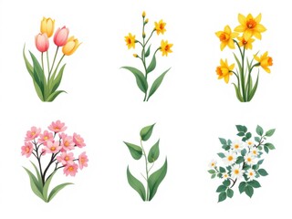 Collection of spring botanical illustrations with tulips, daffodils, wildflowers, and leaves in vibrant colors