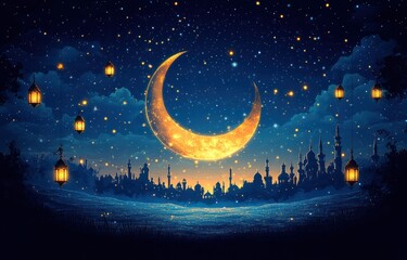 Magical Night: Crescent Moon Over a Mystical Cityscape