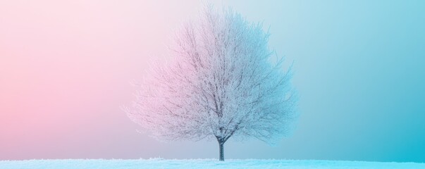 Fototapeta premium Winter landscape, snow covered tree, soft pink and blue background, minimalistic design, serene atmosphere, ideal for seasonal themes and holiday concepts, peaceful natural beauty
