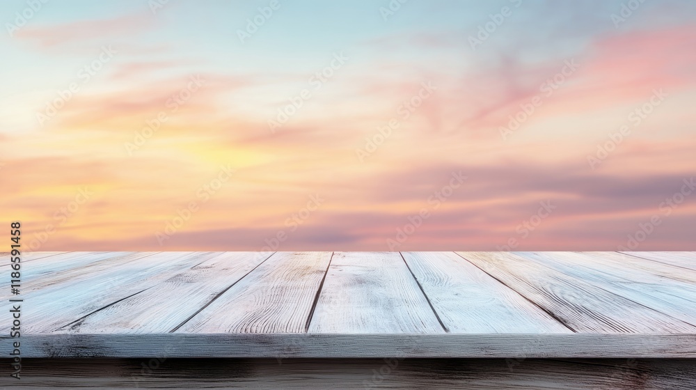 Poster scenic sunrise over empty wooden table with blurred pastel sky for product display and panoramic vie
