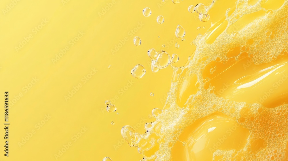 Poster yellow background with colorful bubbles close up creating a bright and refreshing atmosphere for vis
