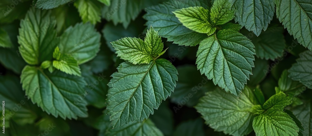 Poster close up of vibrant green leaves displaying intricate natural textures and unique patterns in a lush