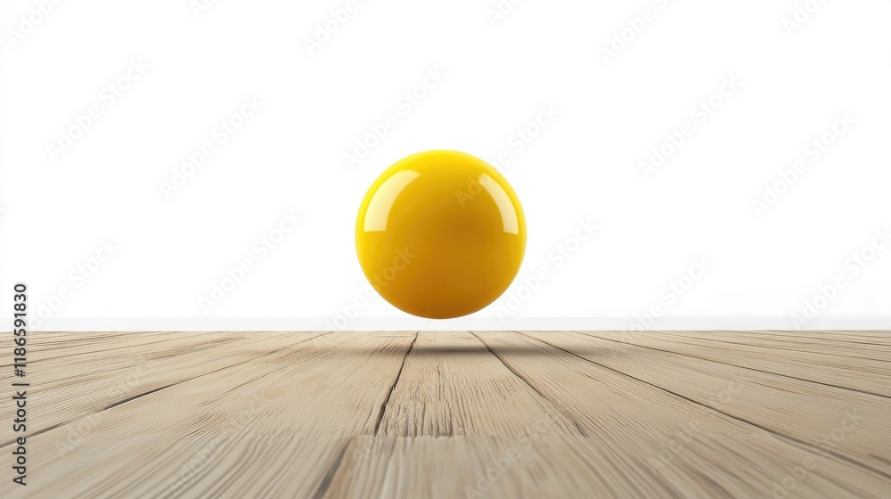 Poster levitating yellow sphere above wooden surface creating minimalist 3d visual effect on white backgrou