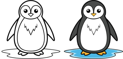 Adorable Penguin Pair Coloring Page, Cartoon, Cute, Bird, Arctic, Antarctic, Wildlife, Animal, Winte
