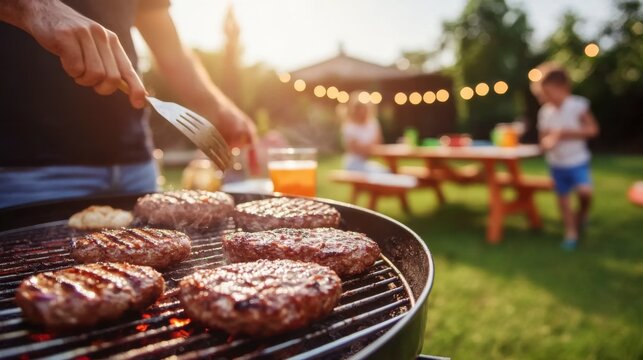 Summer BBQ Grilling: A family enjoys a relaxed backyard gathering as a chef expertly flips burgers on the grill. The aroma of grilled meats and laughter fills the air.